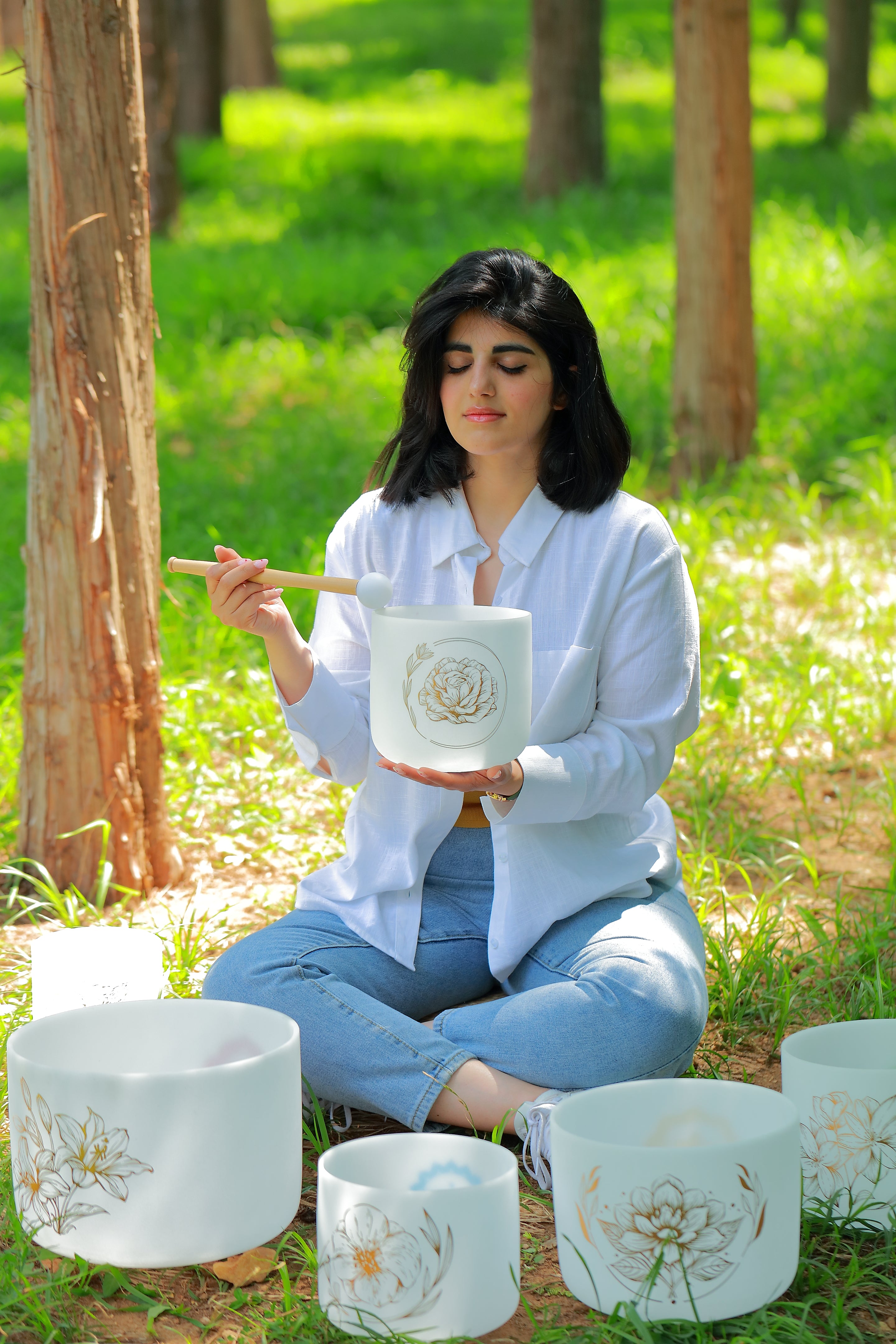 TOPFUND Golden Floral Patterns Chakra Set of 7 Crystal Singing Bowls 8-14 inch - TOPFUND Crystal Singing Bowl